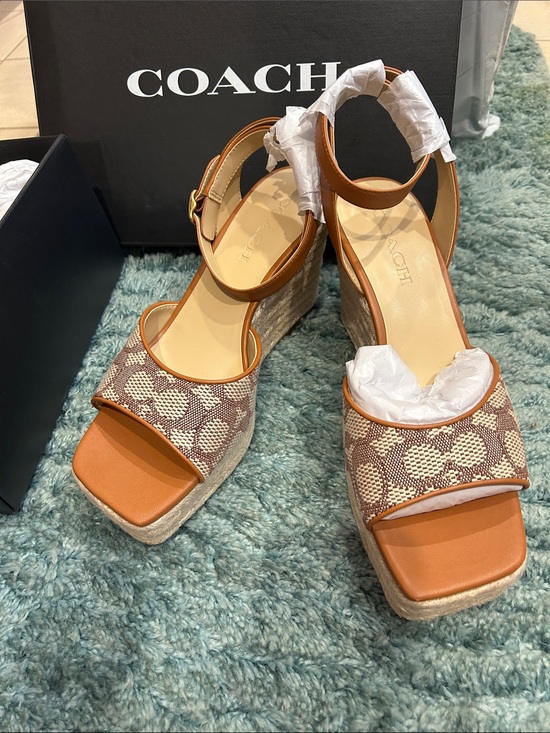 Coach Shoes - Coach Brown and Cream Signature Canvas Wedge Sandals
